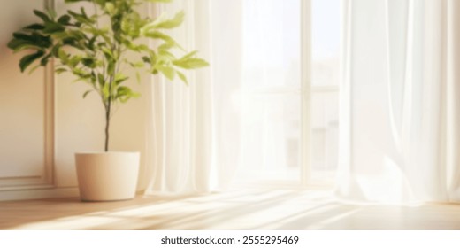 Lush green plant near airy window, bringing tranquility to the sunlit room. - Powered by Shutterstock