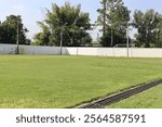 A lush green soccer field with goalposts and trees in background