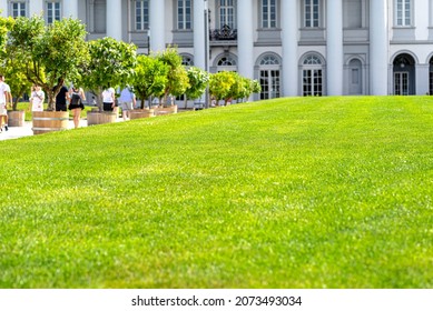 Lush lawn in the park in front of a beautiful historic palace, in the background, tourists walking on a dirt road made of white pebbles.