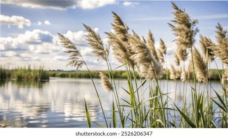 Lush reeds sway gently in the water under a bright blue sky dotted with fluffy clouds at a serene lake,Reeds rise from the calm water - Powered by Shutterstock