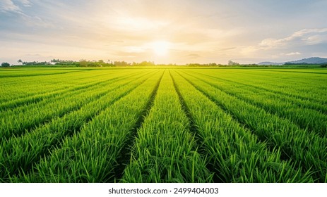 A lush rice paddy field with neat, under a bright, sunny sky, green rows stretching into the horizon. 