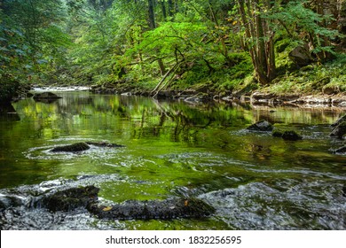 Lush Trees And Mossy Rocks Shade Lowther River, Cumbria UK