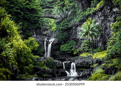 Lush Tropical Waterfall 'Ohe'o Gulch with Stone Bridge and Palm Tree, Hana, Maui - Powered by Shutterstock