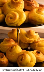 Lussekatts Freshly Baked. Traditional Swedish Christmas Food. Saffron Flavored Dough With Raisins. Saffron Buns.