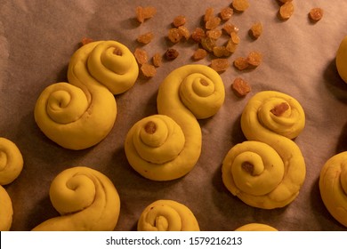 Lussekatts On The Baking Tray Before Baking. Traditional Swedish Christmas Food. Saffron Flavored Dough With Raisins. Saffron Buns.