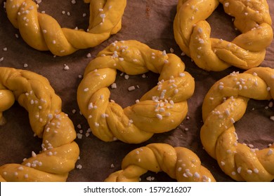 Lussekransar Waiting To Be Baked. Traditional Swedish Christmas Food. Saffron Flavored Dough With Raisins. Saffron Buns