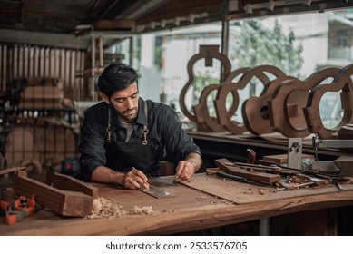 Luthier making a peghead of classical guitar, arts and craft concept