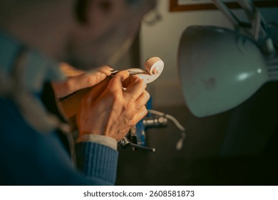 Luthier meticulously carves a piece of wood, clamped in a vise, using a gouge, under the warm glow of a lamp, showcasing the craftsmanship involved in creating musical instruments
