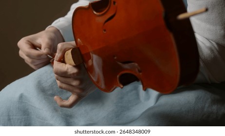 Luthier working diligently in a workshop, carefully assembling violin parts with specialized tools and techniques, showcasing craftsmanship and dedication to the art of instrument making - Powered by Shutterstock - Get 15% off with code: PIKWIZARD15
