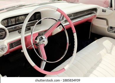 Luton, UK - June 2019: Pink Retro Cadillac Interior.