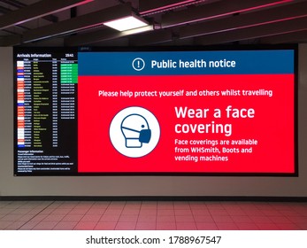 Luton, United Kingdom 31 July 2020: Public Health Notice In The Arrivals Hall At Luton Airport Telling People To Wear A Face Mask