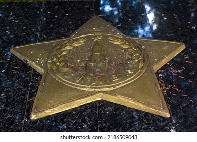 Lutsk, Ukraine - July, 19, 2020: Bas-relief on marble depicting the Order of Glory during the victory of the USSR in World War II. Dismantled after the Russian invasion of Ukraine in 2022