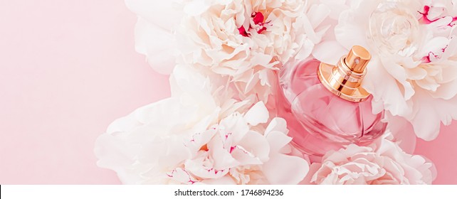 Luxe Fragrance Bottle As Girly Perfume Product On Background Of Peony Flowers, Parfum Ad And Beauty Branding Design