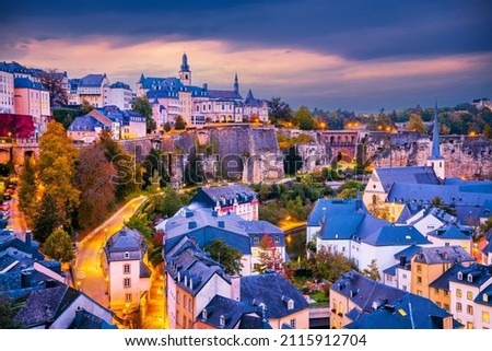 Luxembourg City, Luxembourg. Cityscape image of old town on Alzette River, skyline during beautiful sunset.