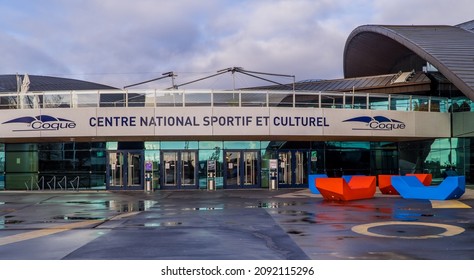 Luxembourg City - December 15, 2021 - the main entrance to the National Sports and Culture Center (Coque) in Kirchberg, Luxembourg
