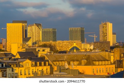 Luxembourg City - December 16, 2021 - Aerial Sunset View Of The Skyline Of Kirchberg Business District