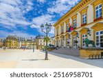 Luxembourg City Hall Stadhaus Stad Letzebuerg building and street lights on Place Guillaume II Knuedler town square in Luxembourg City historical centre Ville Haute quarter in sunny summer day