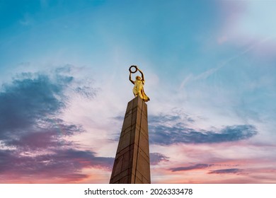 Luxembourg city, Luxembourg - July 16, 2019: Monument of Remembrance near Constitution Square. It is a Granite obelisk war memorial nicknamed "Golden Lady" for its gilded statue. Luxembourg.
