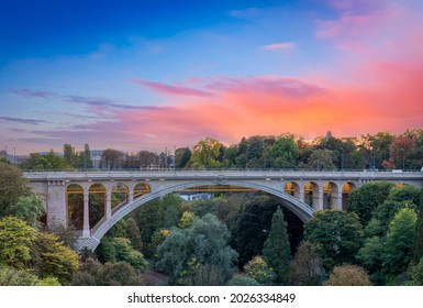 Luxembourg city, Luxembourg - July 16, 2019: 
 Luxembourg,Adolphe bridge,tower of Luxemburgish Spuerkeess,Luxembourg City
