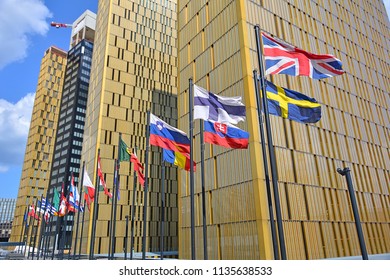 LUXEMBOURG CITY, LUXEMBOURG - JULY 7, 2018 - Flags Of The European Union Countries In Front Of The Court Of Justice Of The European Union