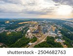 Luxembourg City, Luxembourg. Kirchberg area. Panorama of the city. Summer day, cloudy weather. Aerial view