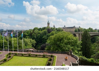 Luxembourg City, May 2022.  The Flags Flying Over The Pétrusse Casemates In The City Center