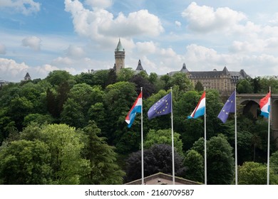 Luxembourg City, May 2022.  The Flags Flying Over The Pétrusse Casemates In The City Center