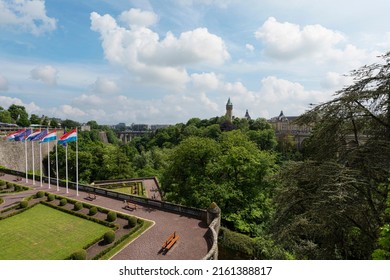 Luxembourg City, May 2022.  The Flags Flying Over The Pétrusse Casemates In The City Center