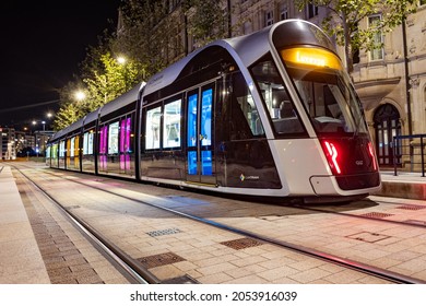 LUXEMBOURG , LUXEMBURG - September 21, 2021: Public Transport Tram In Luxembourg City Going To The Luxexpo Destination.