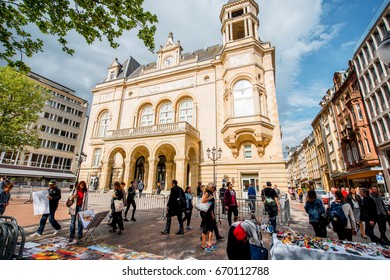 LUXEMBOURG, LUXEMBOURG - May 18, 2017: View on Cercle Municipal building with people walk on the Armes square in Luxembourg