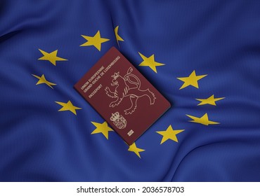 Luxembourg Passport With European Union Flag In Background
