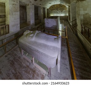 LUXOR, EGYPT - FEB 20, 2019: Sarcophagus Of Merenptah Tomb In The Valley Of The Kings At The Theban Necropolis, Egypt
