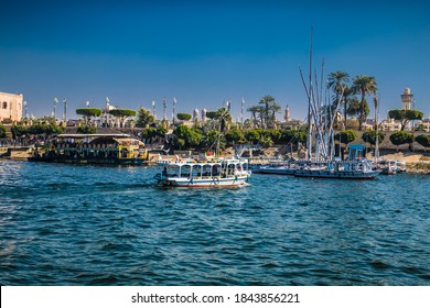 Luxor, Egypt - Jan 28, 2020:The touristic boats on Nile river in Luxor city, Egypt