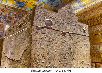Luxor / Egypt - May 23rd 2019: Stone Sarcophagus In The Royal Tomb In The Valley Of The Kings, Egypt. 