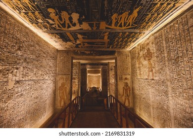 Luxor, Egypt - November 11, 2020: View To The White Stone Sarcophagus Inside The Ancient Egyptian Tomb Of The Valley Of The Kings