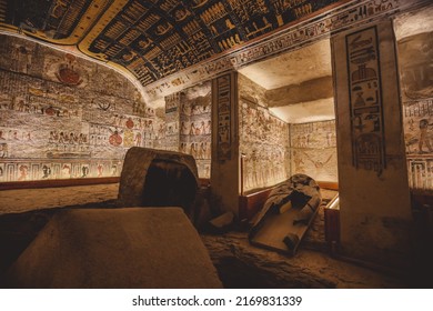 Luxor, Egypt - November 11, 2020: View To The White Stone Sarcophagus Inside The Ancient Egyptian Tomb Of The Valley Of The Kings