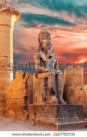 Luxor Temple entrance, Ramesses II statue, sunset scenery, Egypt