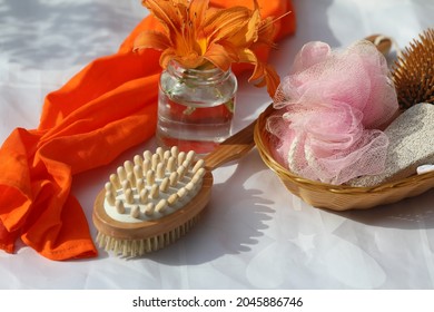 Luxuary Spa Bath Products, Body Treatment, Self Care, Wooden Massage Body Brush, Towel, Flatlay, Top View 