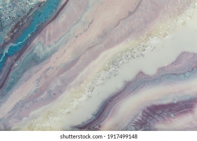 Luxurious Abstract Resin Art, A Mixture Of Blue, Pink, White And Purple Paints. Imitation Of Marble Cut Stone, Luminous Transparent Stone Veins. Delicate And Dreamy Design