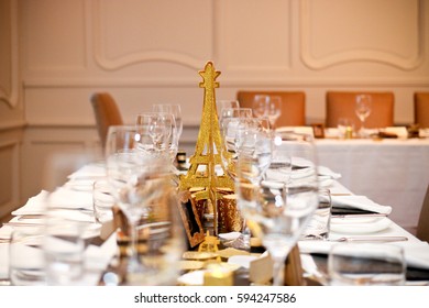 Luxurious Banquet Hall Table Settings For Anniversary Party With Paris Eiffel Tower Theme