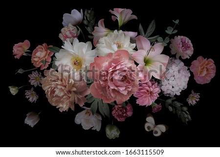 Luxurious baroque bouquet. Beautiful garden flowers, leaves and butterfly on black background. Pink and white peonies, roses, tulips. Luxury design. Vintage illustration. Floral decoration.