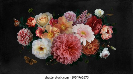 Luxurious baroque and victorian bouquet. Beautiful garden flowers, leaves and butterfly on black background. Pink and white peonies, roses. Vintage illustration. Floral decoration advertising material