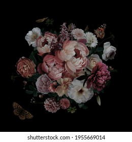 Luxurious baroque and victorian bouquet. Beautiful garden flowers, leaves and butterfly on black background. Pink and white peonies, roses. Vintage illustration. Floral decoration advertising material