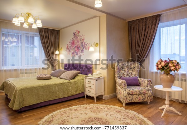 Luxurious Bedroom Purple Gold Colors Rest Stock Photo Edit