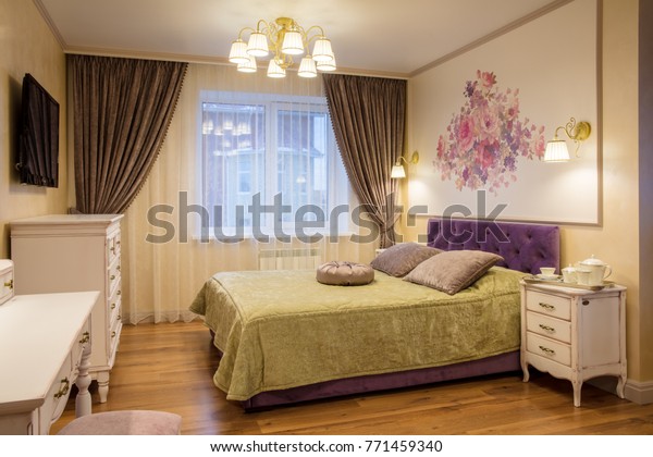 Luxurious Bedroom Purple Gold Colors Window Stock Photo