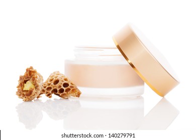 Luxurious Beeswax Cosmetic Background. Cream In Jar And Natural Royal Jelly Isolated On White Background. Feminine Skin Care Concept.