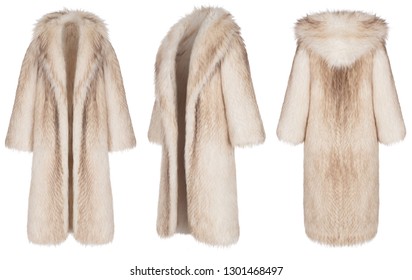 Luxurious Beige Fur Coat With Hood, Long Sleeve, Natural Long Fur, Set, Three-quarter Front View And Back, Clipping, Ghost Mannequin, Isolated On White Background