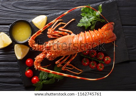 Luxurious boiled spiny lobster surrounded by fresh tomatoes, lemon, herbs and melted butter close-up on a black stone. horizontal top view from above
