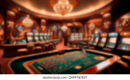 Luxurious casino interior with slot machines and a gaming table, highlighted by warm, ambient lighting. The blurred background emphasizes the opulent decor and vibrant atmosphere. - Powered by Shutterstock