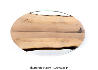 Luxurious chestnut table with a epoxy resin on a white background, top view